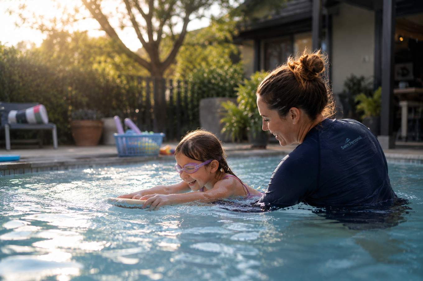 A Swim Personal teacher guiding a young girl on a kickboard in a backyard pool at golden hour